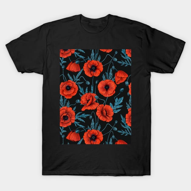 Poppies, red and blue on black T-Shirt by katerinamk